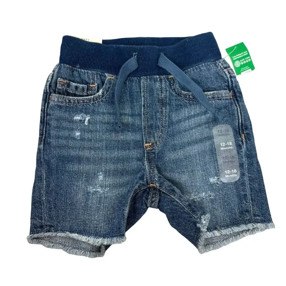 NWT Gap baby Jean Denim Jean Shorts Raw Hem Distressed Boy 12-18 Months Elastic